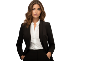 A confident woman in a chic black blazer and tailored trousers strikes a pose , isolated on white background