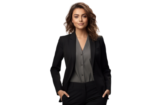 A confident woman in a chic black blazer and tailored trousers strikes a pose , isolated on white background - Powered by Adobe