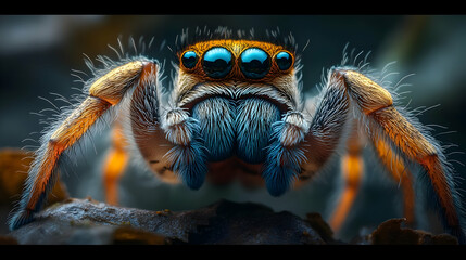 A close-up of a colorful jumping spider with large eyes.