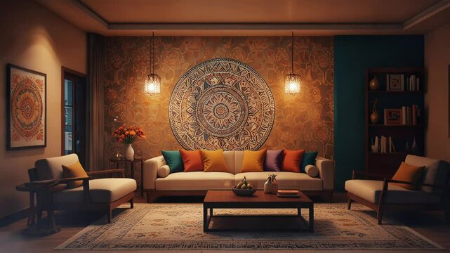 modern living room interior with mandala patterned walls, smooth looping video 4k.
