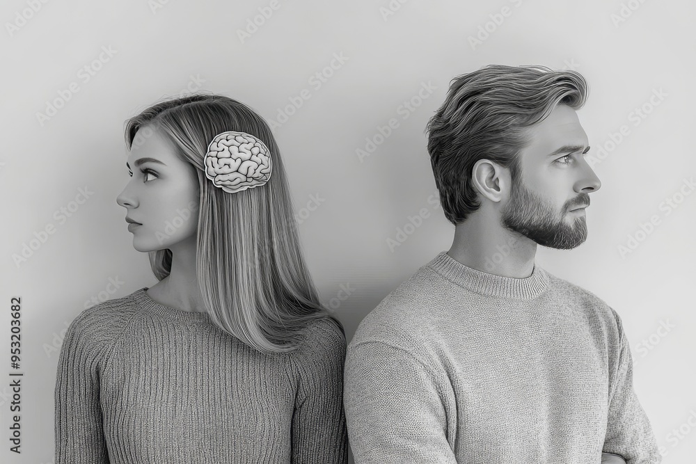Poster emotional love story couple illuminated brains facing each other surrounded by abstract imagery repr