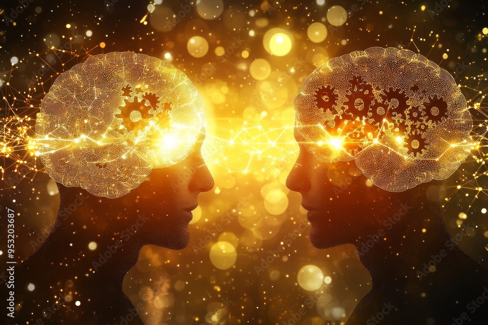 Poster visual love story young woman with a glowing neural network on her head symbolizing integration of t