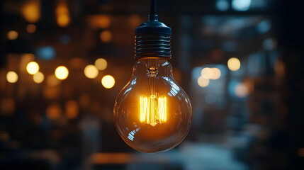 A close-up of a glowing light bulb with a blurred background.