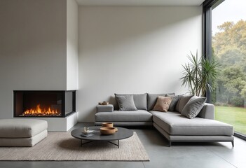 Grey corner sofa by glass fireplace. Minimalist home interior design of modern living room
