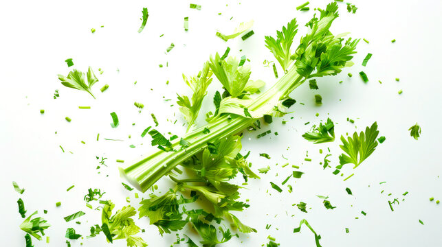 A stalk of green fresh juicy celery explodes in the air on a white background and shatters into small pieces. Fragrant greens for salads