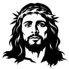 Jesus silhouette. Jesus' face on a cross with a crown of thorns. vector set, Logo, Icon, and T-shirt design. black and white Vector illustration