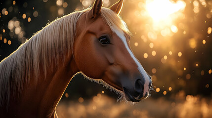 Fototapeta premium A close-up portrait of a brown horse with a white blaze on its face, looking to the side with a soft, golden glow in the background.