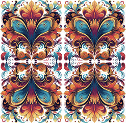 This intricate vector pattern features vibrant, swirling floral designs in rich colors like teal, orange, and gold, creating a mesmerizing, symmetrical composition.