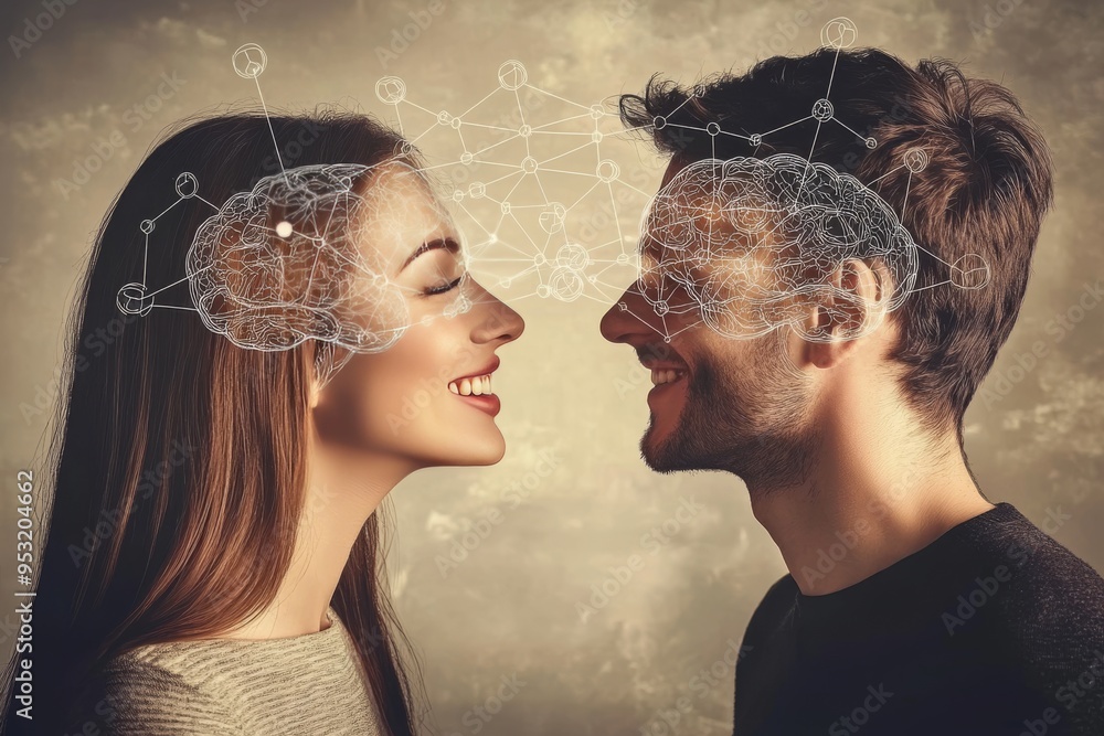 Poster insightful devoted a man and woman dissolving into particles with brain imagery symbolizing the fadi