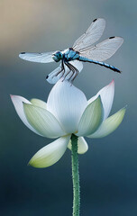 An ultra-realistic photograph of a dragonfly hovering stationary above a blooming lotus flower, captured in light tones with a subtle gradient background. Every detail, from the dragonfly's head to it