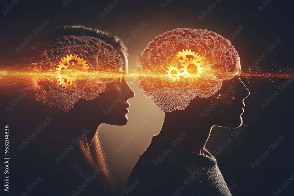 Poster logical devoted dual profile faces with illuminated brains highlighting the balance between intellec