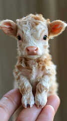 A photorealistic 34K image of a micro baby cow perched delicately on a human finger, capturing the fine details of both the tiny cow and the skin texture of the finger.