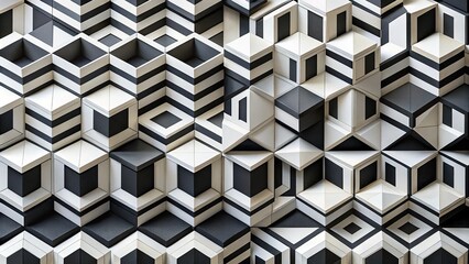 A vibrant composition of white and black geometric shapes energizes the space, generating a dynamic and visually striking effect that captivates the viewer.