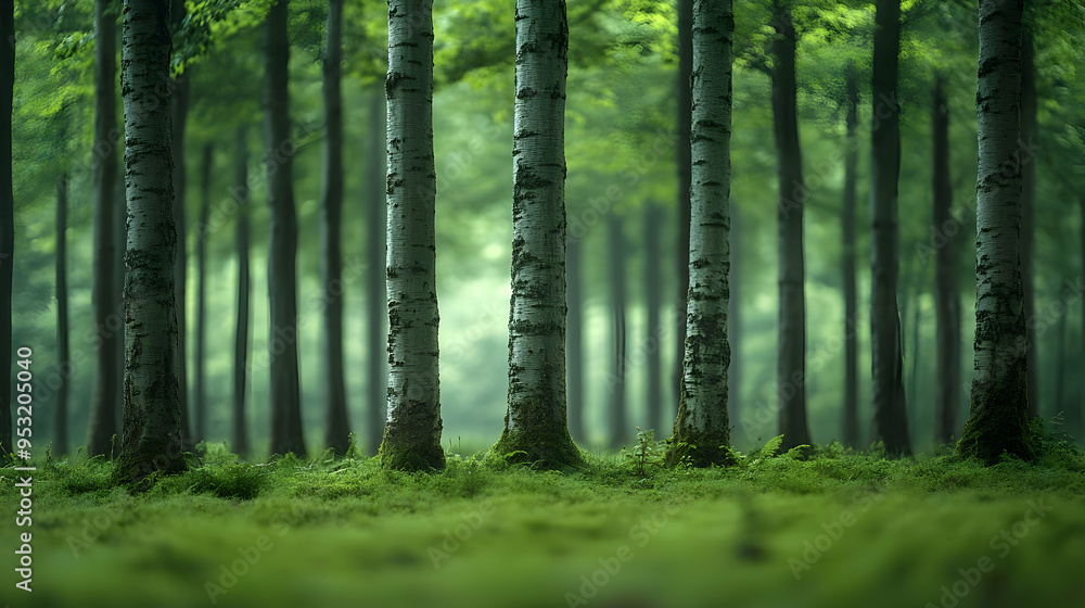 Poster A cluster of birch trees stand tall in a misty forest with soft green undergrowth.