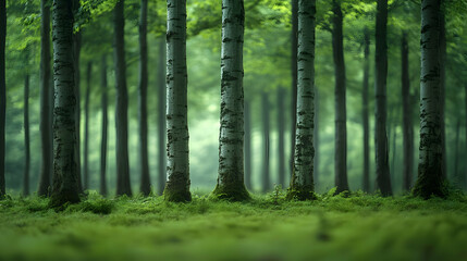 Obraz premium A cluster of birch trees stand tall in a misty forest with soft green undergrowth.