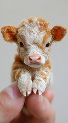A photorealistic 34K image of a micro baby cow perched delicately on a human finger, capturing the fine details of both the tiny cow and the skin texture of the finger.