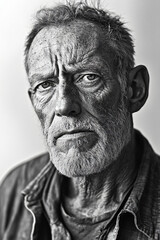 A photorealistic, highly detailed black-and-white art portrait of a man in his 60s, captured with immense detail against a flat white background. 