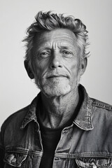 A photorealistic, highly detailed black-and-white art portrait of a man in his 60s, captured with immense detail against a flat white background. 