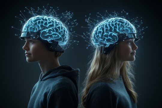 Creative Devoted A couple with glowing brains facing each other against a sunset symbolizing the warmth of love the depth of intellectual connection and the harmony of thoughts