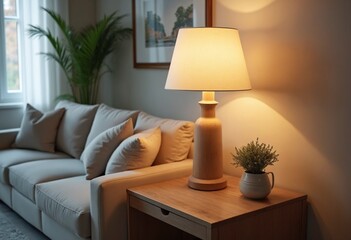 Close up of lamp on side table near sofa. Home interior design of modern living room