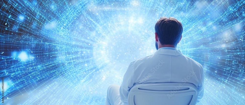 Poster innovative scientist immersed in digital data stream, exploring technology and future possibilities 