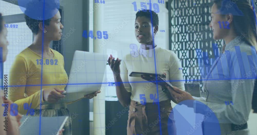 Poster business data visualization animation over diverse team discussing in office