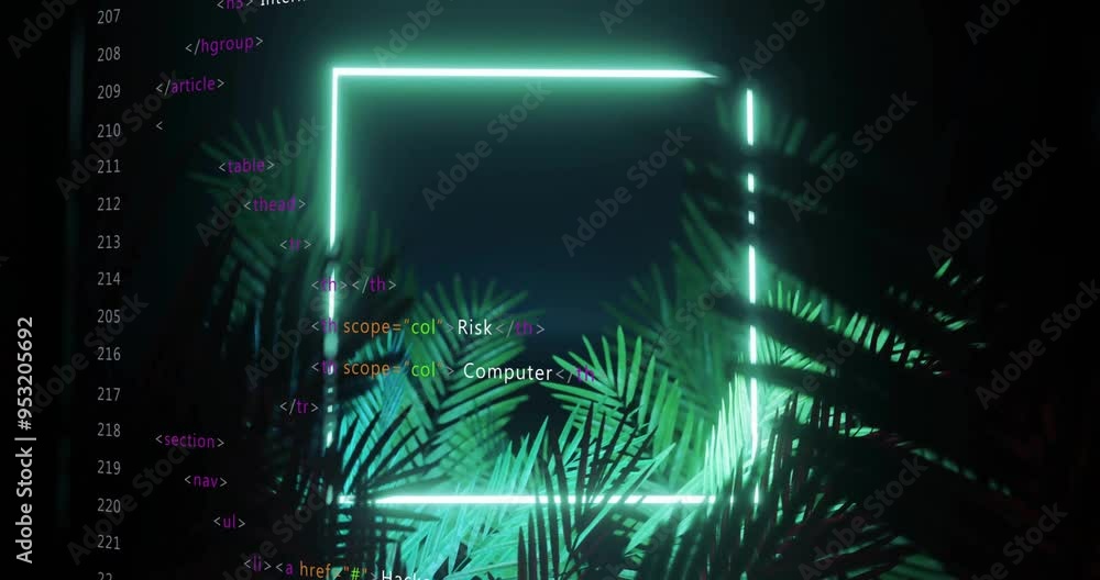 Poster neon square frame and coding animation over tropical plants background