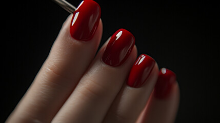 Close-up of a hand with freshly manicured red nails against a dark background highlighting nail artistry techniques in progress