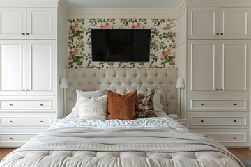 Photo of A bedroom with floral wallpaper, featuring an elegant bed and TV on the wall above it. The room also has white cabinets for storage.