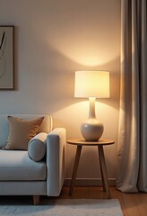 Close up of lamp on side table near sofa. Home interior design of modern living room