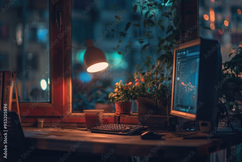 Poster a person working at their desk with a computer monitor and keyboard