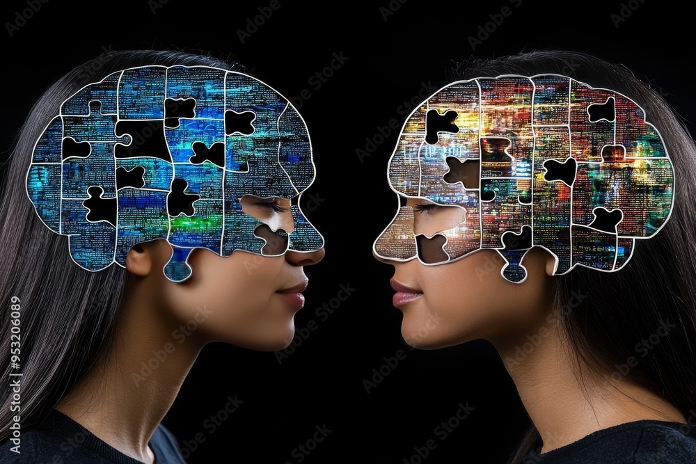 Poster cognitive caring partner two faces with intertwined glowing brains symbolizing the merging of though