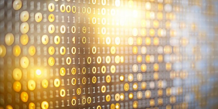 Gold Digital Finance Background - A digital grid with golden binary code, representing modern finance and cryptocurrency.

