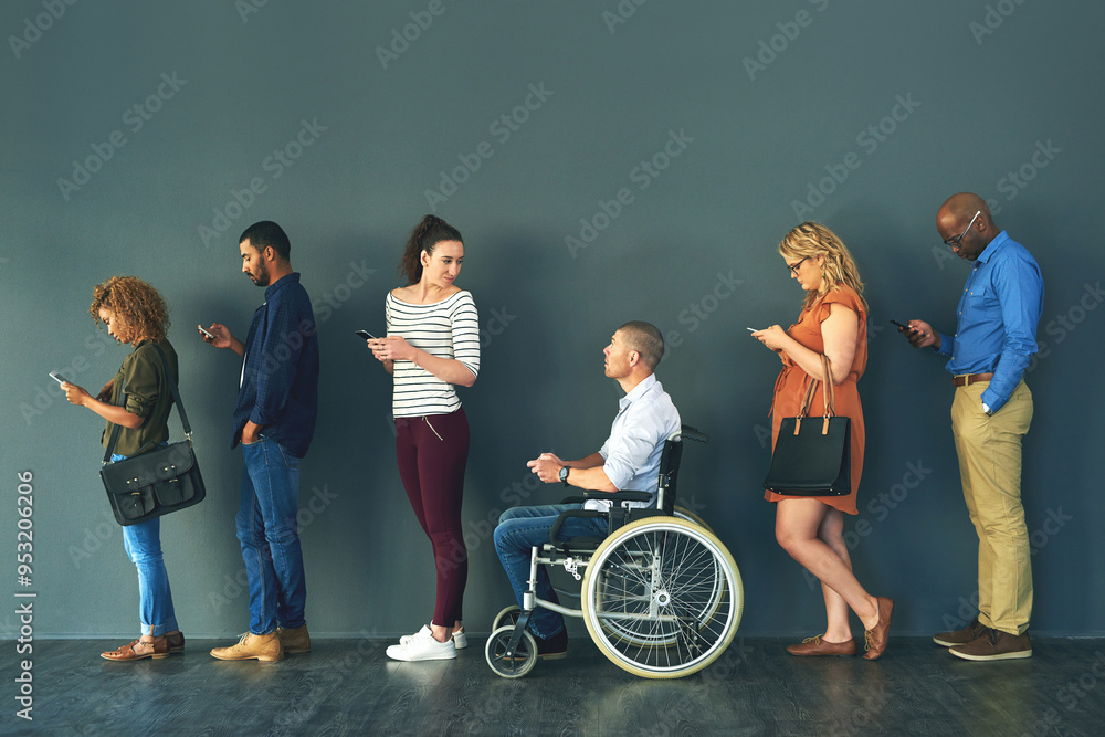 Poster hiring, inclusive and job interview with row of people in studio on gray background for opportunity.