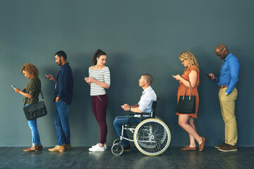 Hiring, inclusive and job interview with row of people in studio on gray background for...
