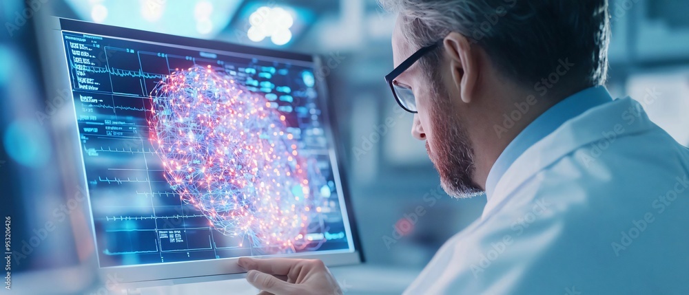 Poster a scientist analyzing complex data on a digital screen, showcasing technology and innovation in rese