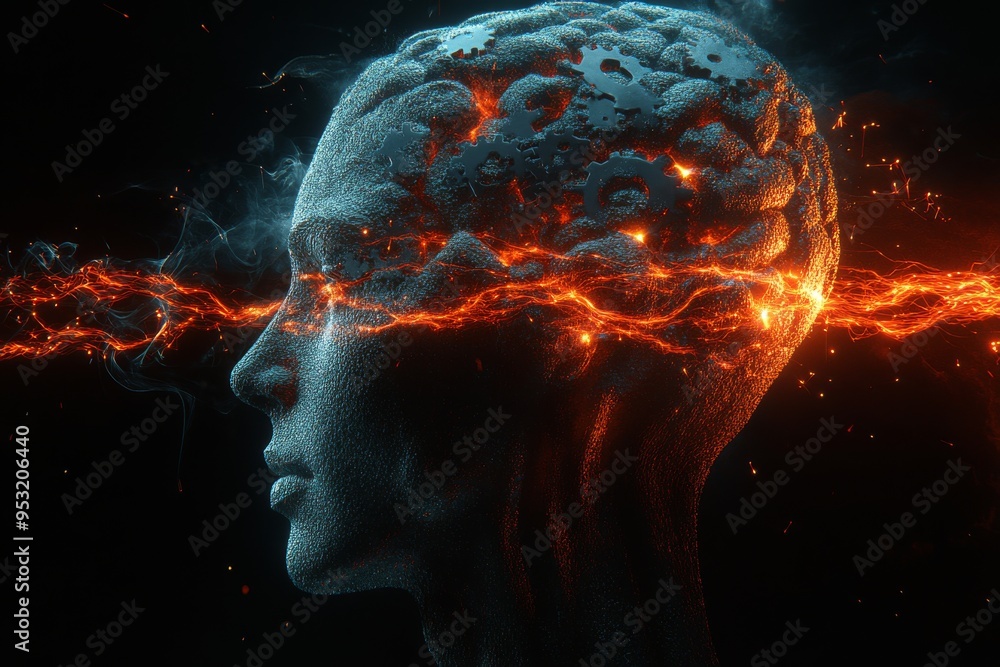 Poster perceptive caring partner a man and woman with glowing brains facing each other in a high tech envir