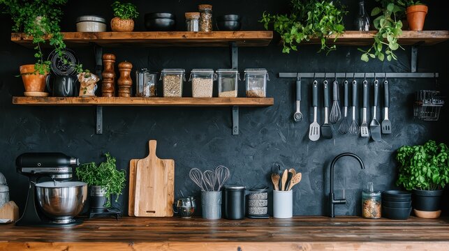 Modern Kitchen Interior with Black Walls  Wooden Shelves and  Countertop  and Green Plants