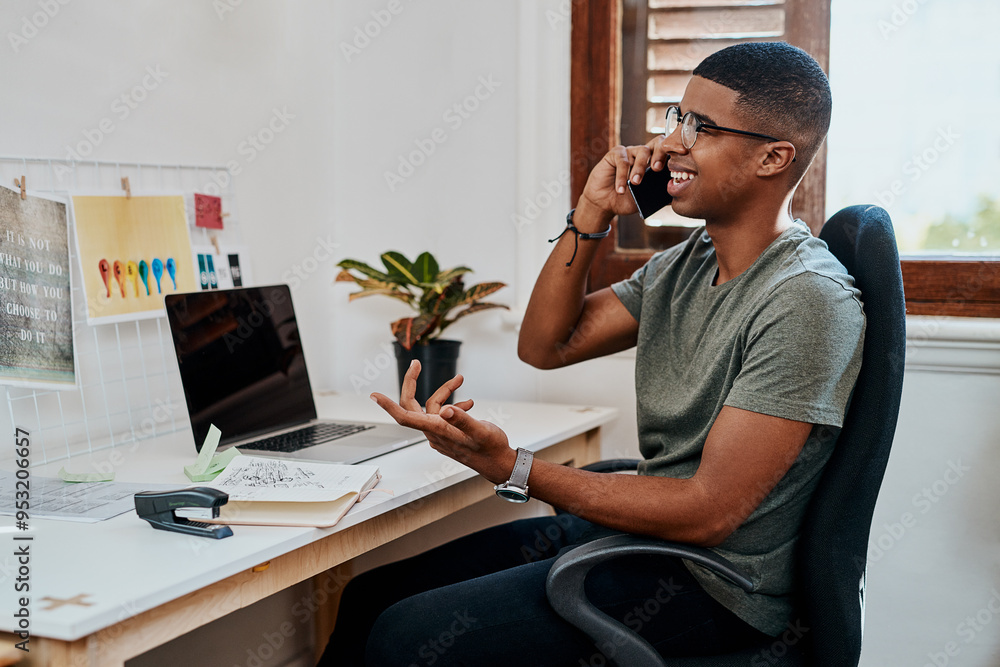 Poster Man, phone call and talking at startup, office and contact with mobile networking at company. Person, graphic designer and smartphone with glasses, listening and deal negotiation at creative agency