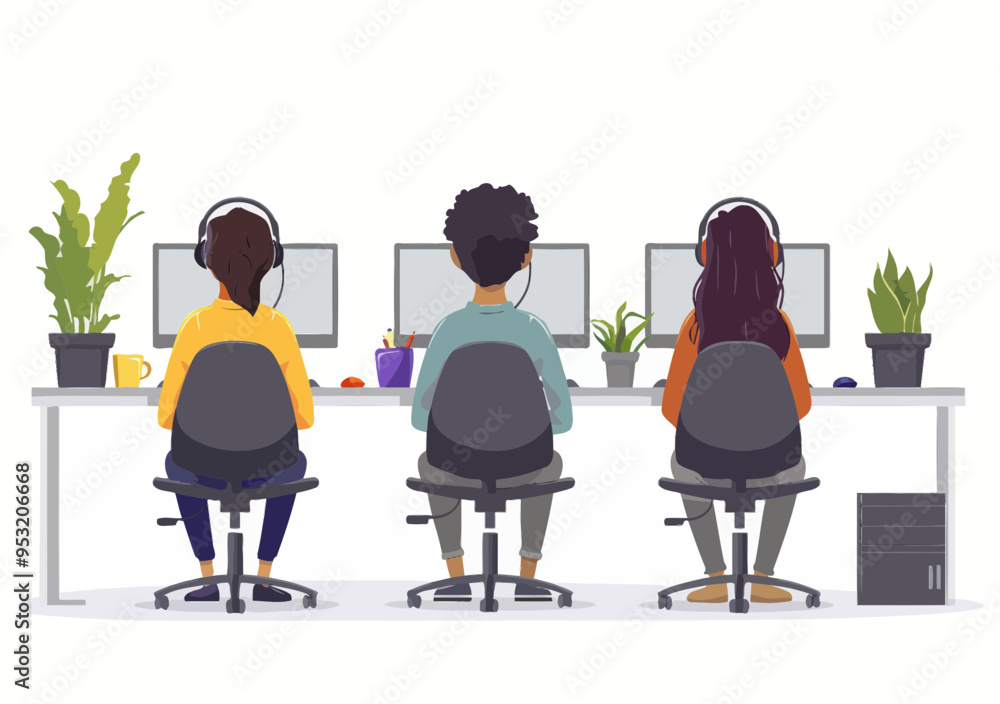 Poster customer service helpdesk team working on computers with headsets providing 24-hour online technical