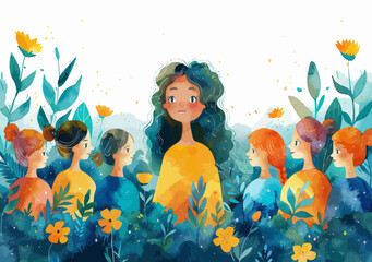 Young Teacher Leading Class of Diverse Students in Nature Education Session, Minimalistic Vector Illustration, Daytime Learning, Nature-Themed Classroom Setting, Inspirational Teamwork and Growth