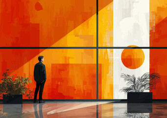 Business Professional Observing Modern Minimalistic Art Installation in Office Lobby with Bright Abstract Geometry and Natural Plants