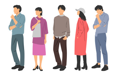 Obraz premium Set of young men and women, different colors, cartoon character, group of silhouettes of standing business people, profile, students, the design concept of flat icon, isolated on white background