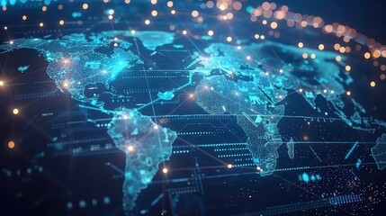Fototapeta premium Digital world map with glowing lights and lines, representing global connectivity.