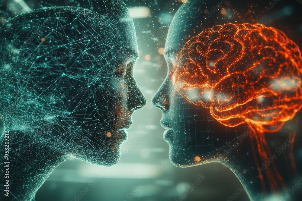 Poster conscious caring partner two faces with brains constructed of puzzle pieces symbolizing complexity o
