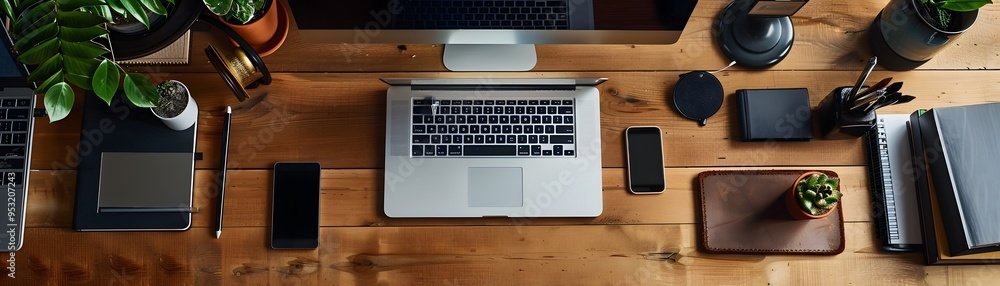 Poster hybrid workspace setup with synchronized devices for seamless multitasking