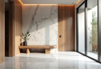 Wooden bench near marble stone wall and wood paneling in cozy hallway. Minimalist home interior design of modern entrance hall with big window