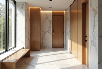 Fototapeta premium Wooden bench near marble stone wall and wood paneling in cozy hallway. Minimalist home interior design of modern entrance hall with big window