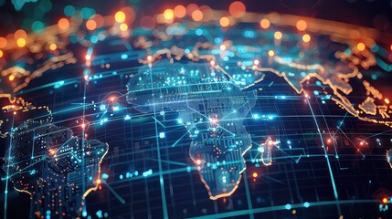 A glowing map of the world with a digital grid overlay, abstract lights and a focus on Africa.