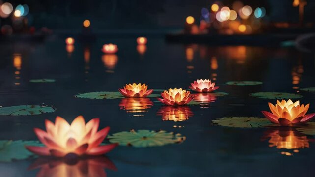 lotus flowers in lake with candles in diwali celebration, smooth looping video 4k.